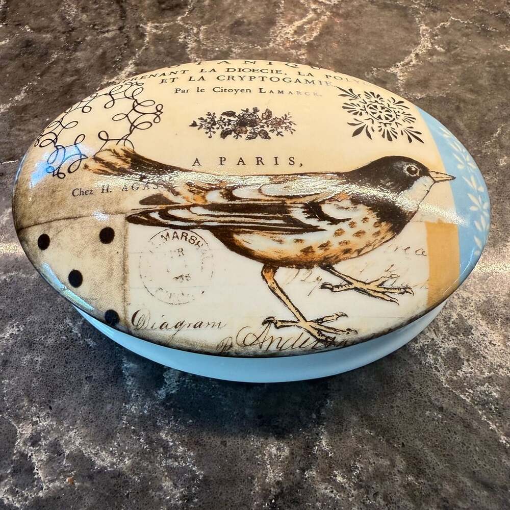 Kimberly Poloson Vintage Bird Paris Theme Ceramic Oval Trinket Box With Lid